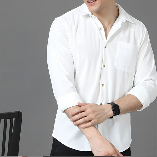 White Cord Cotton Full Sleeve Shirt For Men